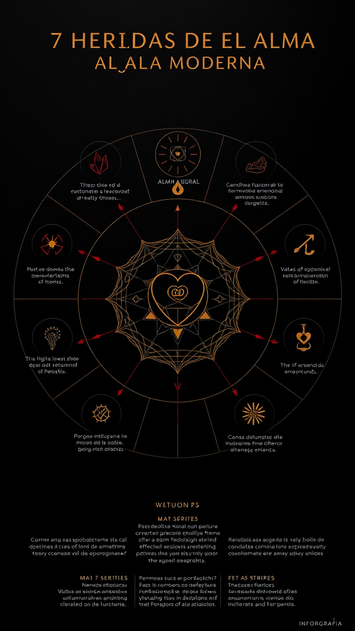AI generated image by FLUX.1-schnell: INFORGRAFÍA:
Create a symbolic infographic titled "7 Heridas del Alma Moderna" with a mystical, poetic, and ritual-inspired visual style. The infographic must be circular or structured as a perfect heptagon, where each of the seven wounds occupies exactly one of seven equal segments radiating around a central symbol.
It is essential that the diagram be divided into 7 equal parts only — no more, no fewer. Do not divide into 8.
This central symbol should represent the “alma digital” — such as a fractured heart, a meditating human with glitch effects, or a sacred spiral — suggesting spiritual disconnection in the digital age.
Use a deep matte black background (#0F0F0F) to evoke depth and mystery. Accents should include gold (#FFD700) for sacred highlights and deep red (#8B1A1A) for the wounds.
Design must incorporate elements of sacred geometry, minimalist ritual symbolism, and psychological depth.
Icons in each segment must align with the symbolic theme of each wound.
Typography must reflect elegance and meaning:
Use Cinzel or a similar serif font for titles.
Use poetic serif fonts like Cormorant Garamond for body text and phrases.
Avoid modern or decorative fonts.
It is essential that the infographic contains exactly and only seven segments — no more, no fewer.
Each segment must display:
One wound title at the top (in Spanish, exactly as written).
Its corresponding poetic phrase below it, in smaller font size (also in Spanish, and exactly as written).
These are sacred textual components: do not translate, rewrite, paraphrase, or omit any word.
The seven wounds and their exact titles and phrases are:
Icon: Infinite spiral
Title: Adicción al estímulo
Phrase: "Buscas sin saber qué… y cada clic te aleja más del centro."
Icon: Empty human silhouette with gears
Title: Despersonalización emocional
Phrase: "El alma grita mientras la mente programa."
Icon: Broken mirror or multiple masks
Title: Comparación constante
Phrase: "La sombra crece cuando se mide con la luz ajena."
Icon: Network node with no center
Title: Hiperconexión superficial
Phrase: "Conectado a todos, conectado a nadie."
Icon: Incomplete human puzzle
Title: Fragmentación identitaria
Phrase: "Cada identidad digital te aleja del que observa."
Icon: All-seeing eye over binary code
Title: Exposición compulsiva
Phrase: "Te gritas al mundo… pero ¿te escuchas tú?"
Icon: Extinguished candle in a digital web
Title: Desencanto espiritual
Phrase: "El conocimiento sin ritual seca las raíces del alma."
At the center or bottom of the design, you may optionally include the following reflective phrase, in Spanish and using a subtle tone:
"Reconocer la herida es el primer paso para recordar quién eres."
The final design should feel like a sacred map for soul awakening in the digital age:
symbolic, contemplative, elegant, and emotionally resonant.
Be precise and respectful with layout, language, and symbolism.