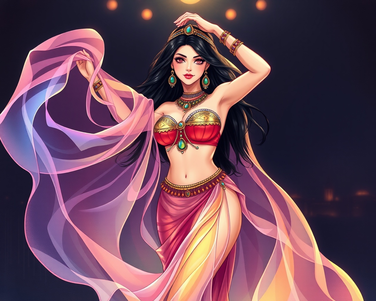 AI generated image by FLUX.1-schnell: A masterpeice anime style very beautiful Egyptian belly dancer, dancing, the Arabian night, wearing transparent colored veils,spinning and flowing around her, against a mysterious and dark with ambiant lightsbackground, highly detailed,sketching, masterpiece, slim curvy body, realistic, seductive smile, cross hatching minimalist and stipling background, sexy pose, stunningly beautiful.anime semi realism