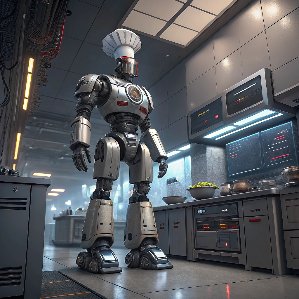 AI generated image by Red Panda AI: Crea una imagen de un robot grande cocinero muy futurista