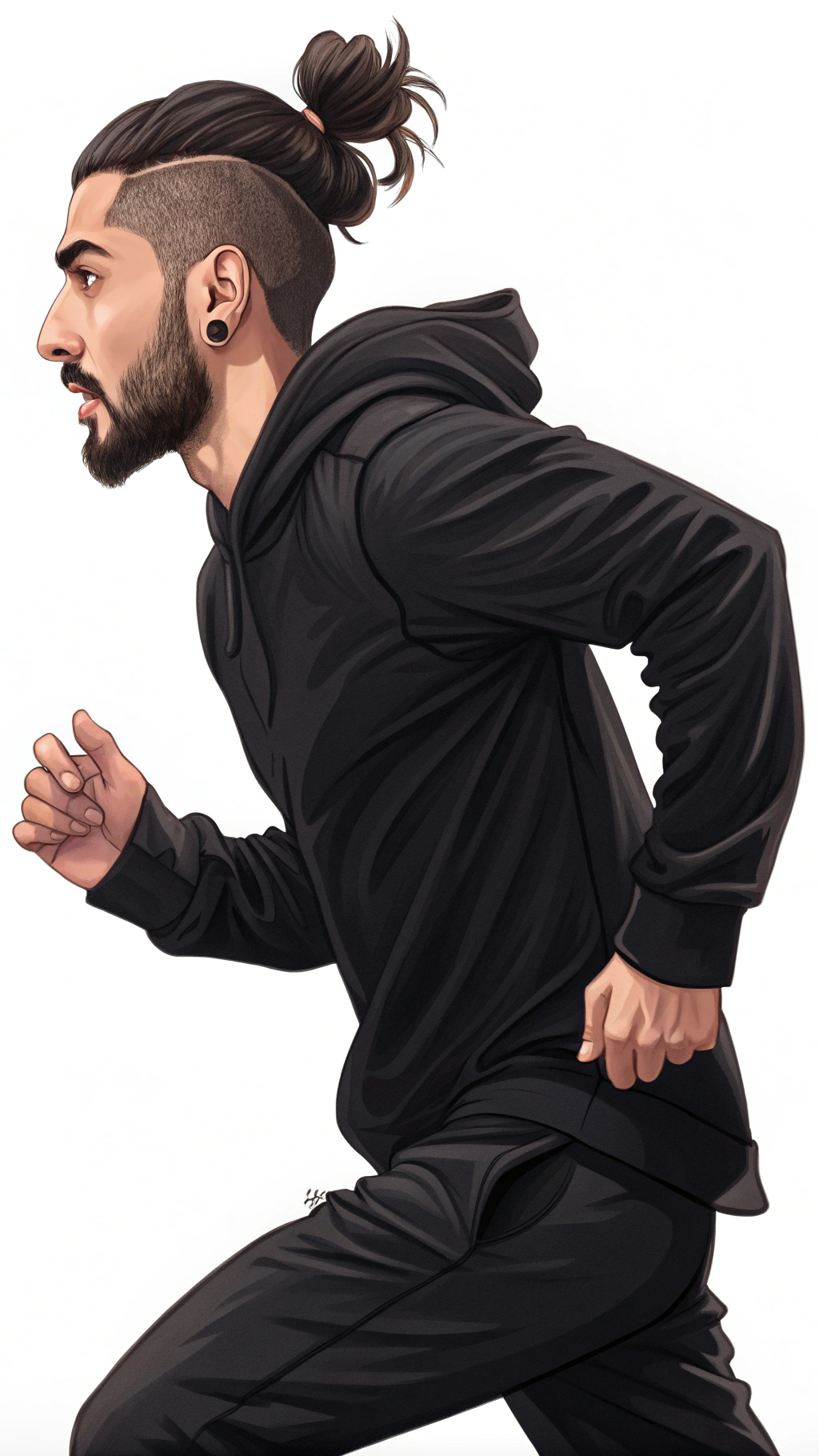 AI generated image by Red Panda AI: a young arabian lean man, with short beard, undercut and samurai's style bun, wearing black, running away from something