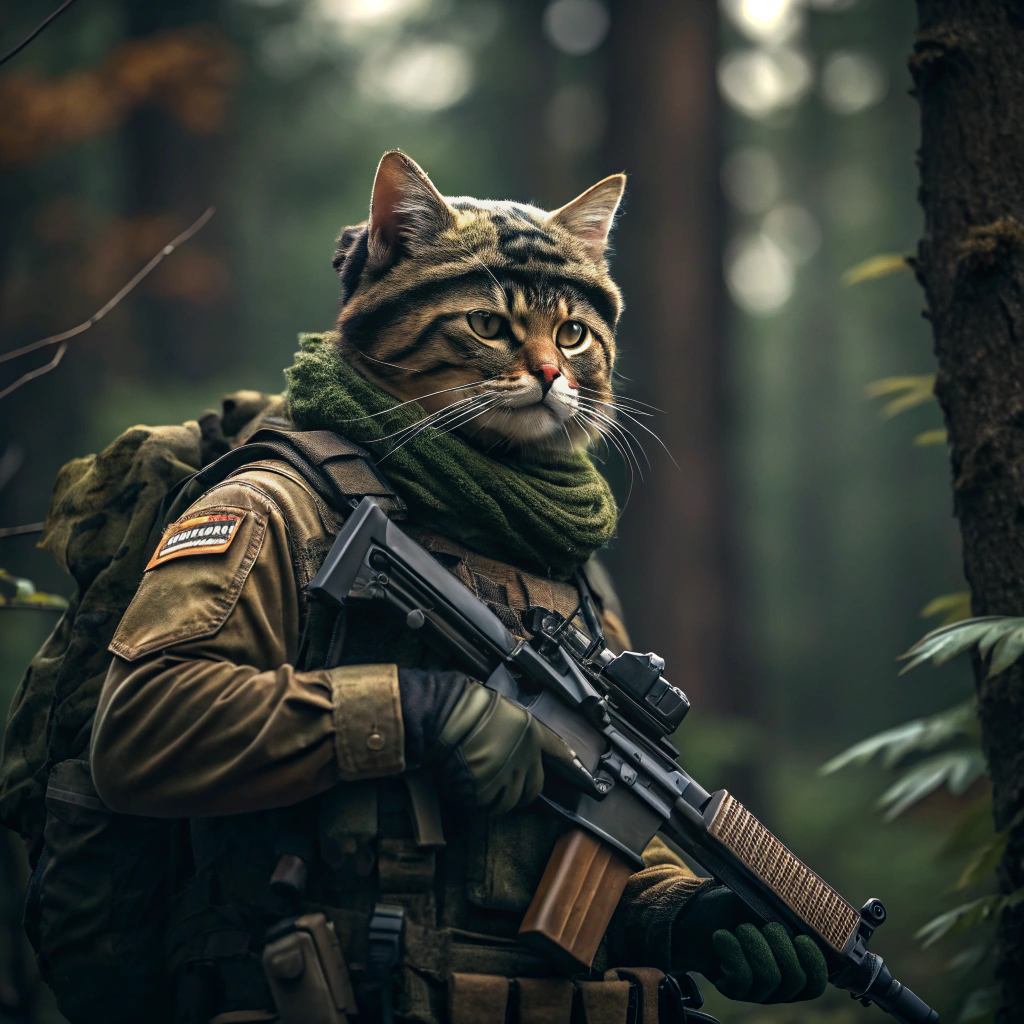 AI generated image by Red Panda AI: Warrior cat camo commando soldier assault rifle