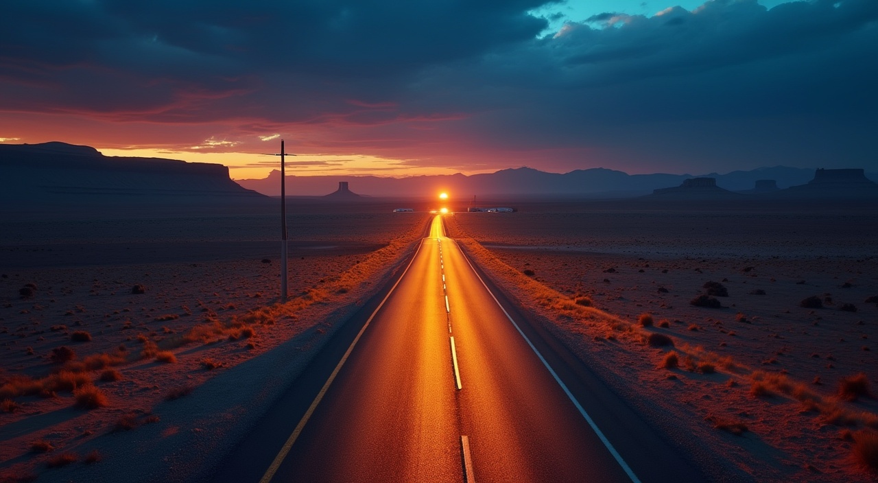 AI generated image by FLUX.1-pro: vista aérea de una carretera por el desierto durante la noche