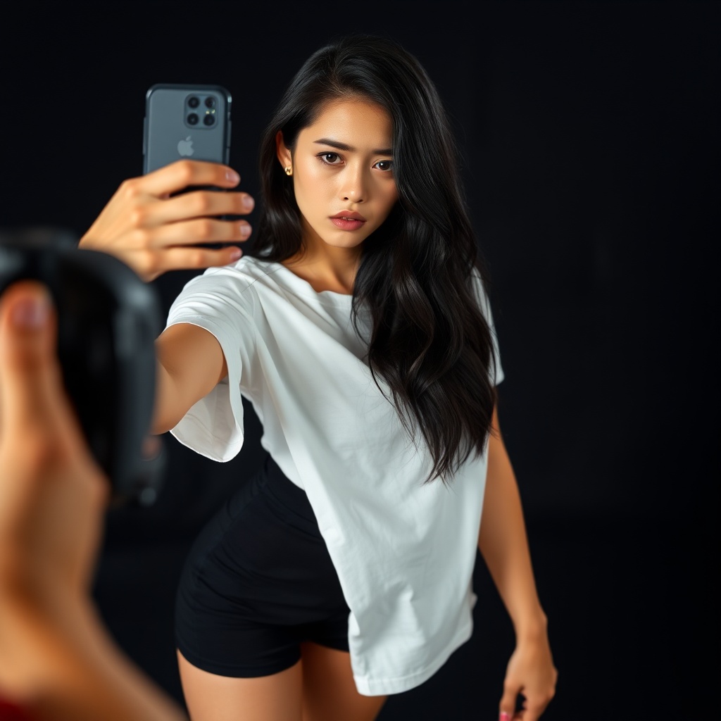AI generated image by FLUX.1-schnell: A female model taking a photo with a sad expression at a photo shoot. The model is wearing a black short skirt and a white T-shirt. Black hair.