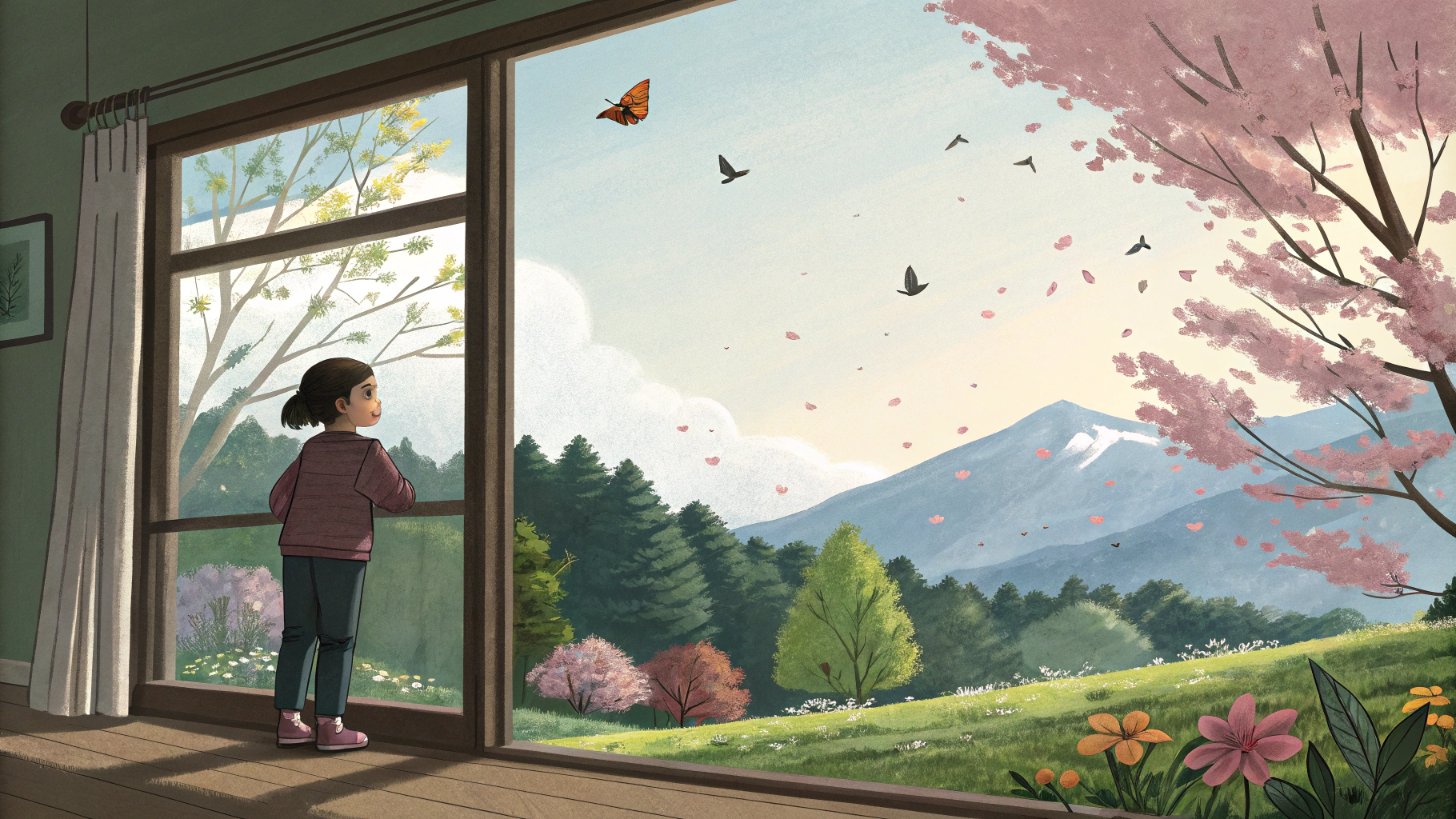 AI generated image by Red Panda AI: Bir evin odasından dışarıya bakan çocuk ve dışarıda manzara, manzara ise ağaçlar, dağ çiçekler uçan kuşlar, kelebekler olan görsel oluştur