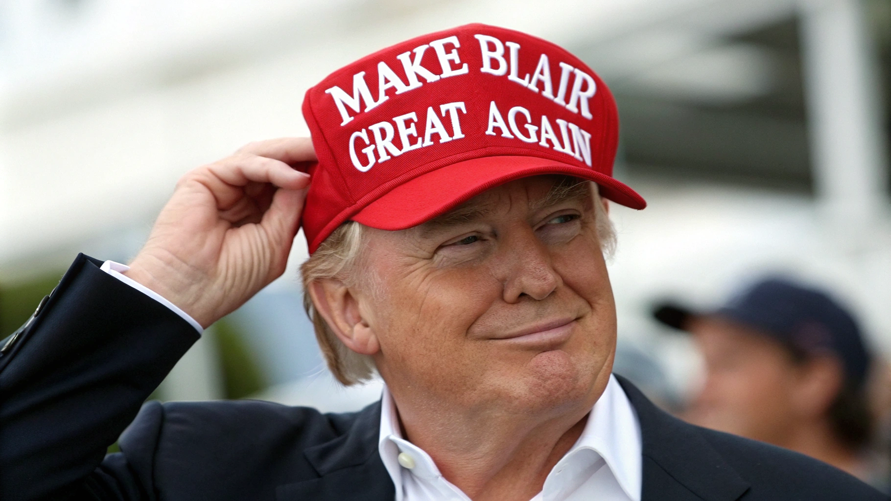 AI generated image by Red Panda AI: Donald Trump wears a hat that says "Make Blair Great Again"