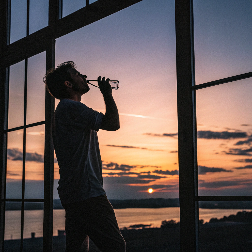 AI generated image by Red Panda AI: un hombre tomando agua en un atradecer