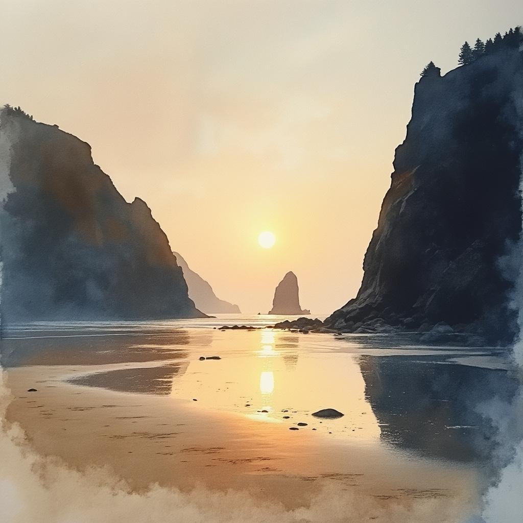 AI generated image by FLUX.1-pro: minimalist watercolor, with some warm tones. on watercolor paper, transparency, reflections, chiaroscuro, textured image. 4k. background in the dark. Large landscape, Etretat beach with a few silhouettes. The morning light announces a beautiful sunny day