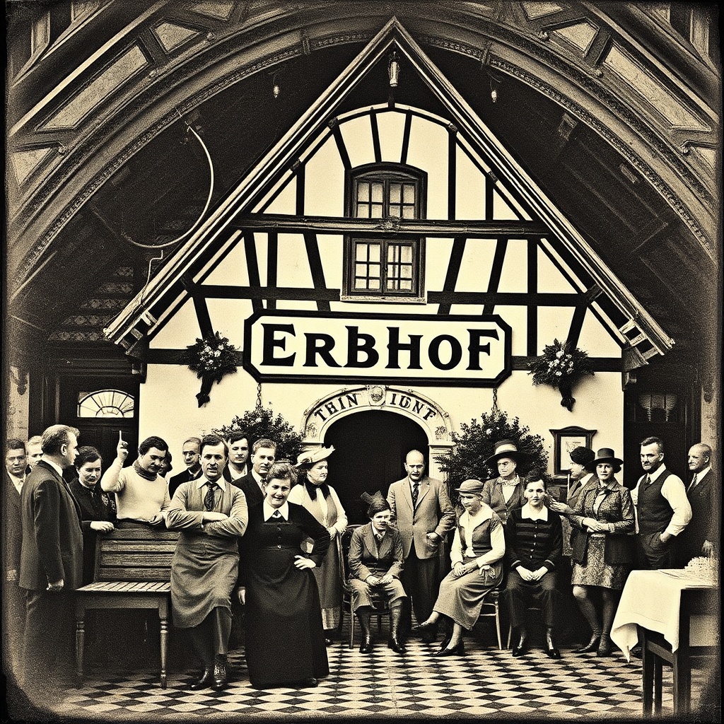 AI generated image by FLUX.1-schnell: Jahreshauptversammlung eines Vereins um 1900 einer Gaststätte namens "Erbhof", witzig, kreativ, ironisch, historisch