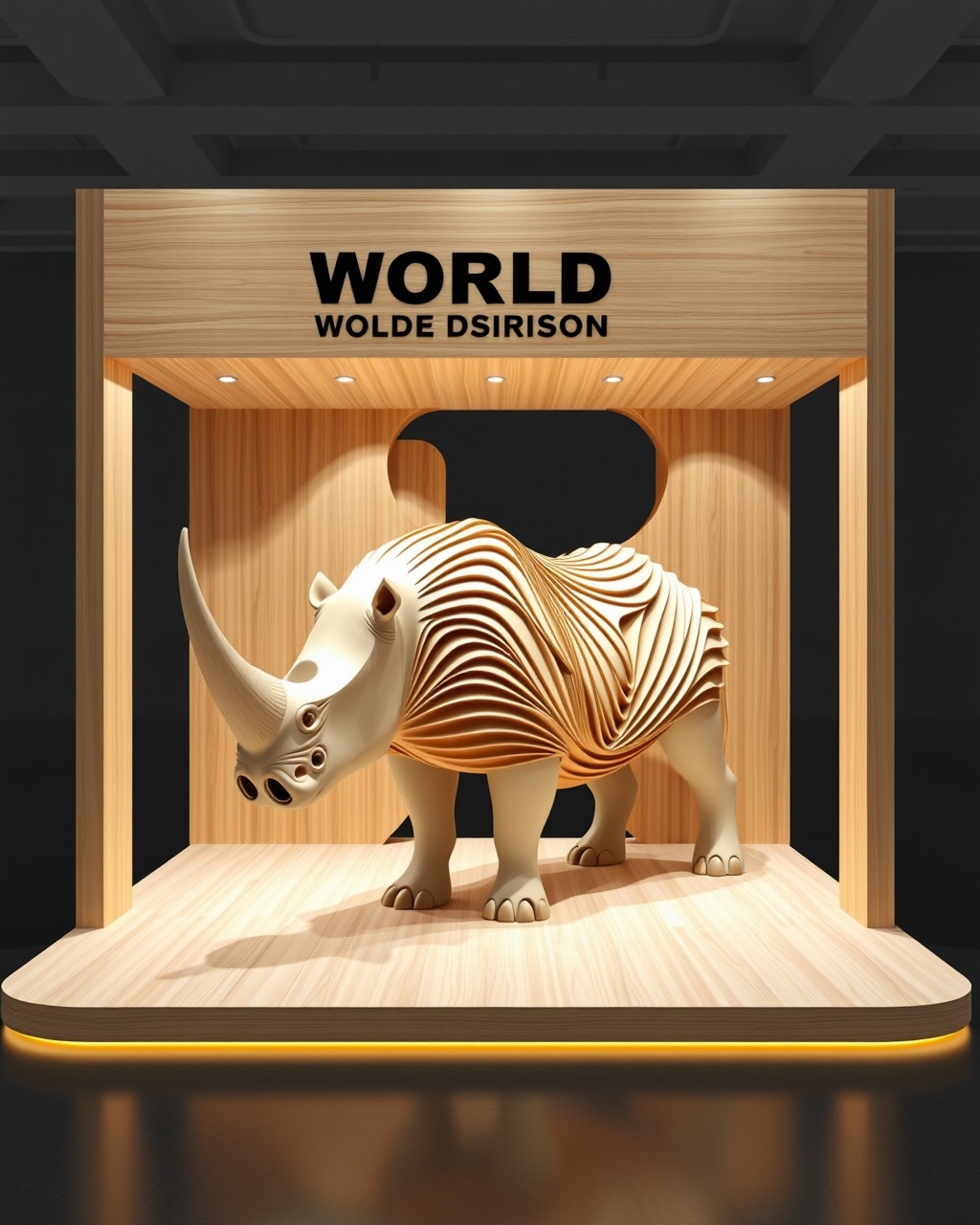 AI generated image by FLUX.1-schnell: Create a visually striking and captivating rendering for the "WORLD STAND DESIGN" exhibition booth. The design should prominently showcase the company’s logo at the top, ensuring it stands out and draws the eye of attendees.
For the booth's aesthetic, draw inspiration from an abstract 2D representation of a rhinoceros. This will be achieved through the innovative use of wooden strips, each measuring 2 cm in thickness, arranged artistically to evoke the qualities and silhouette of the rhinoceros. The strategic placement and layering of these wooden elements will not only highlight the unique theme but also create a dynamic visual experience that engages and intrigues visitors, embodying the essence of nature and design.