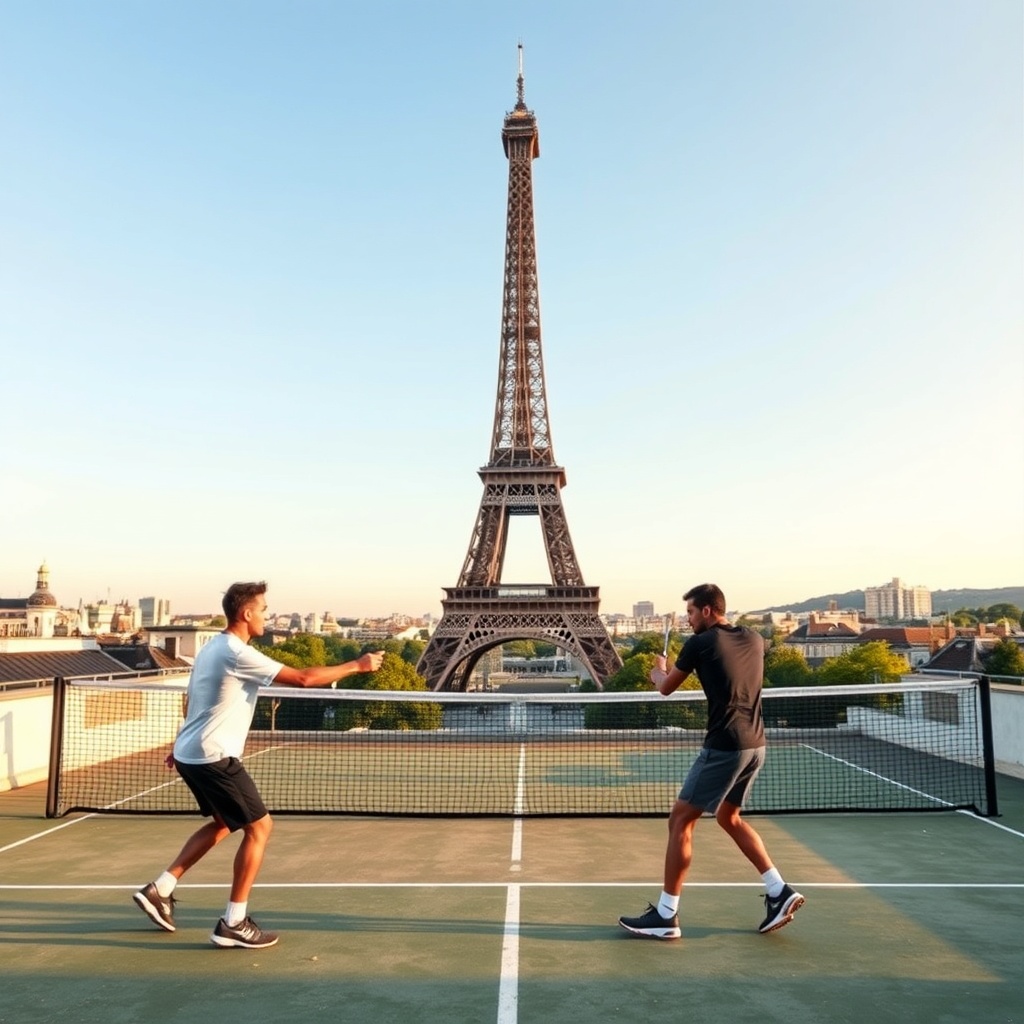 AI generated image by FLUX.1-schnell: Exactly 2 men (no one else there, except them) playing tennis. One is on 1 side of the tennis net and the other, on the other side of the net,
Location: A large, private rooftop terrace or a temporary platform built on the Champ de Mars (the lawn beneath the Eiffel Tower) in Paris, France.
The View: The court would be framed by the timeless architecture of the city, with the Eiffel Tower looming majestically over the net. Imagine playing a match as the sun sets and the Tower begins to sparkle.