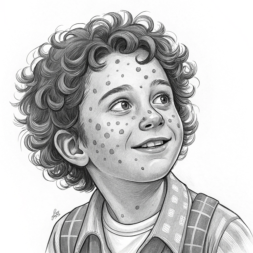 AI generated image by Red Panda AI: dessin caricatural d'un jeune garçon qui a des cheveux bouclée. avec des bouton couvert sur le visage
