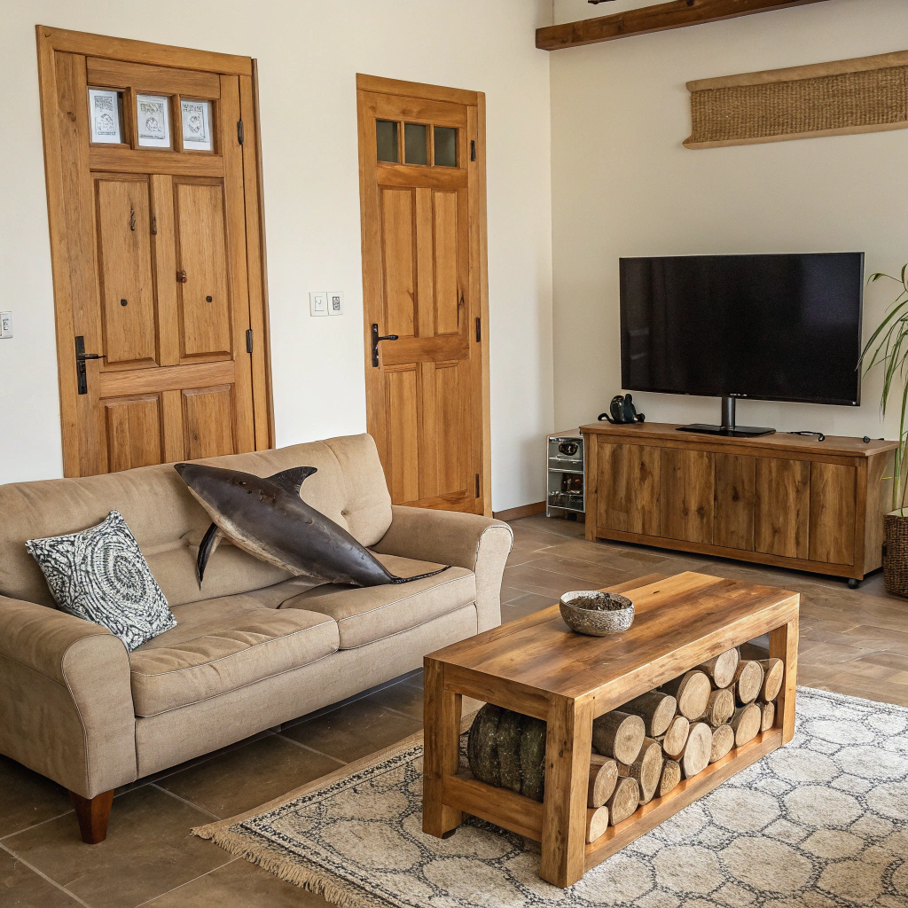 AI generated image by Red Panda AI: Dolphin resting on a sofa in a living room, with a TV on the wall and a piece of furniture underneath, which are in front of the sofa, with wooden-colored doors, in the center a square table made of wooden logs, the dolphin must be in a comfortable position