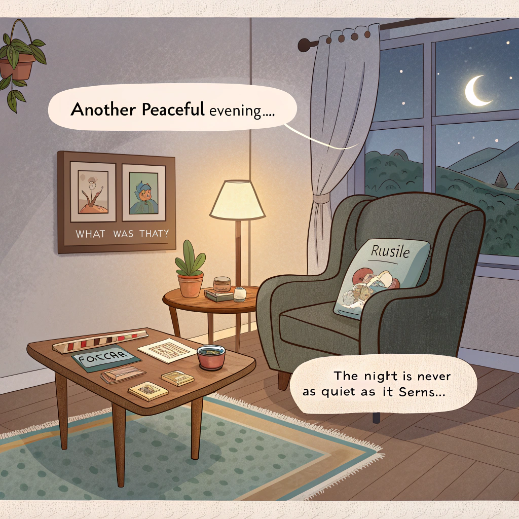 AI generated image by Red Panda AI: Frame 1: The scene is as it appears in the image, with a cozy and quiet living room. Caption reads, “Another peaceful evening…”
Frame 2: Close-up of the table where a cup of drink and board game box rest, but now there’s a slight rustle or noise depicted by a small “Rustle… rustle…” sound effect.
Frame 3: A surprised reaction shot of feet (yours) leaning back on the chair, as a speech bubble says, “What was that?”
Frame 4: A playful twist—zoom in on the stuffed animal on the couch, which now has cartoonish eyes looking around. Another caption reads, “The night is never as quiet as it seems…”
Frame 5: The final shot shows a mischievous-looking cat or dog peeking from behind the bookshelf, with a paw pointing at the toy as if it was the one making the noise. The dialogue bubble from the pet says, “Gotcha!”