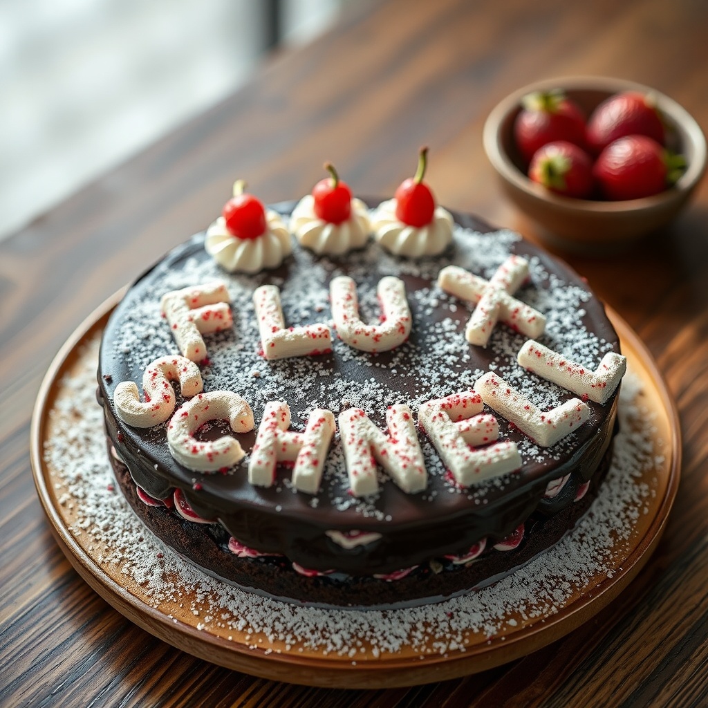 AI generated image by FLUX.1-schnell: black forest gateau cake spelling out the words "FLUX SCHNELL", tasty, food photography, dynamic shot