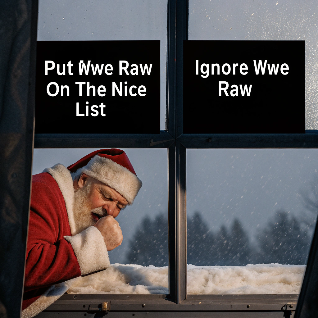 AI generated image by Red Panda AI: A 'Two Buttons' meme template. The first panel shows two buttons labeled: 'Put WWE Raw on the Nice List' and 'Ignore WWE Raw'. The second panel features a sweating Santa Claus, dressed in his traditional red outfit, looking distressed and confused as he struggles to decide which button to press.