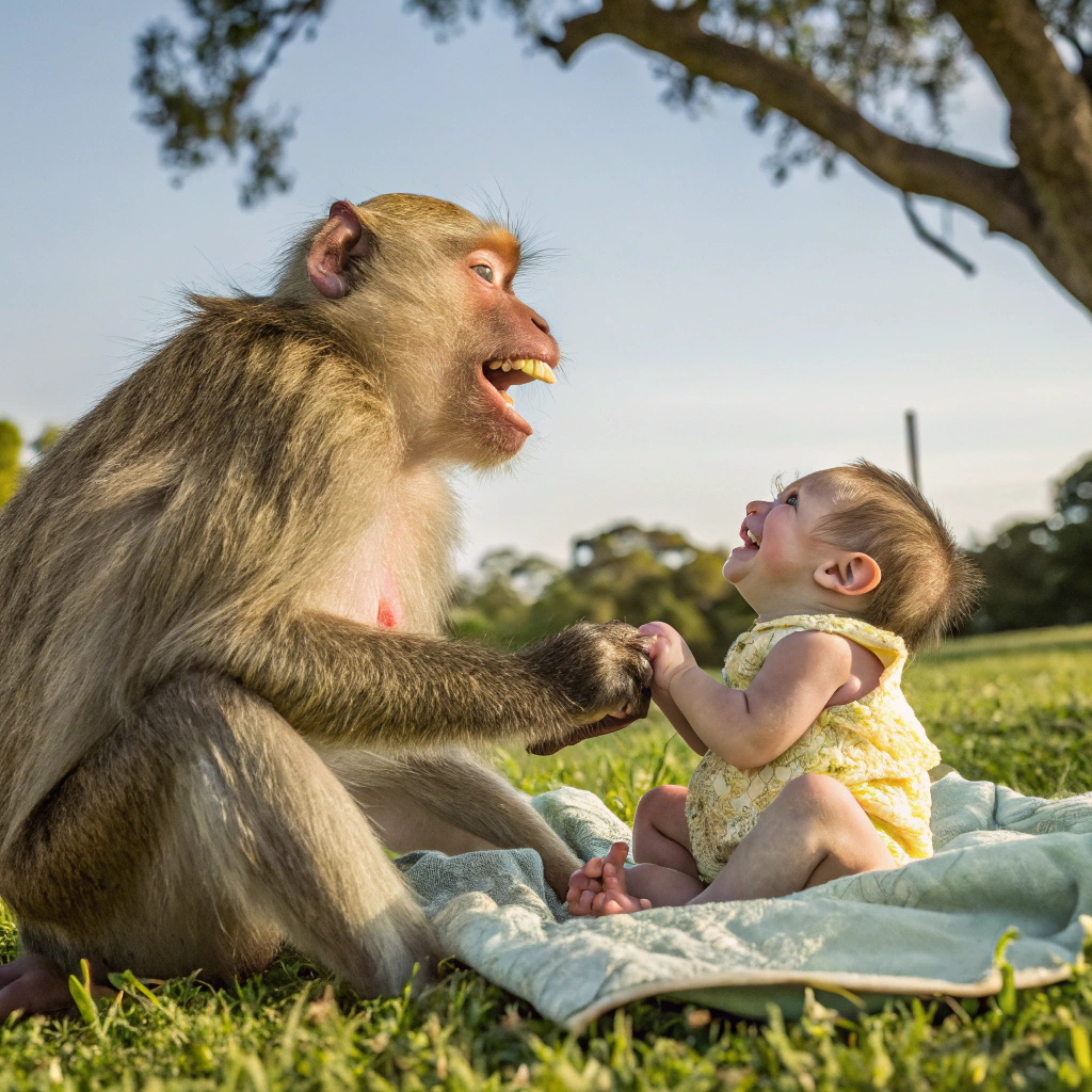 AI generated image by Red Panda AI: monkey playing with baby