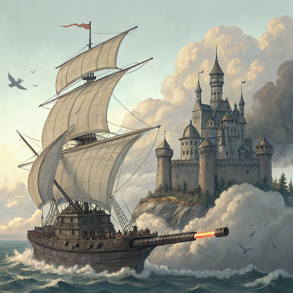 AI generated image by Red Panda AI: A flying sailboat battleship attack a flying castle