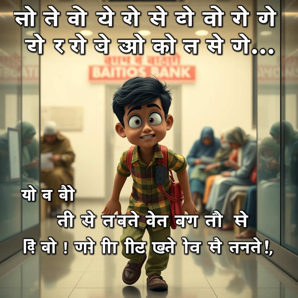 AI generated image by FLUX.1-schnell: Create a vertical video (9:16) in Hindi.
Scene: A small-town (gaon) boy in simple desi clothes enters a bank quietly. The bank is busy with elderly people filling out forms. The boy sneaks around, looking around nervously and humorously, matching the comedy of the text. Use soft cinematic lighting and slight shadows for depth.
Text Overlay (bold, big, centered, exactly as written, fully visible for the entire video):
"मैं बैंक में बुजुर्गों को देख कर चुपचाप निकल लेता… 😅
कहीं वो फॉर्म भरवाने न लग जाएँ 📝😂"
Character Motion:
- Boy tip-toes or sneaks humorously, exaggerating his caution.
- Elderly characters in the background continue filling forms, expressions normal.
- Do NOT animate background characters to speak.
- Boy’s expressions must match the humor of the text.
Instructions:
1. Text must remain visible throughout the entire video. No fade-out or removal.
2. Duration: 6-8 seconds, vertical 9:16.
3. Optional: Add light funny background music to enhance the comedic effect.
4. Subtle zoom-in or pan allowed for cinematic feel, but do not disturb text or character expressions.