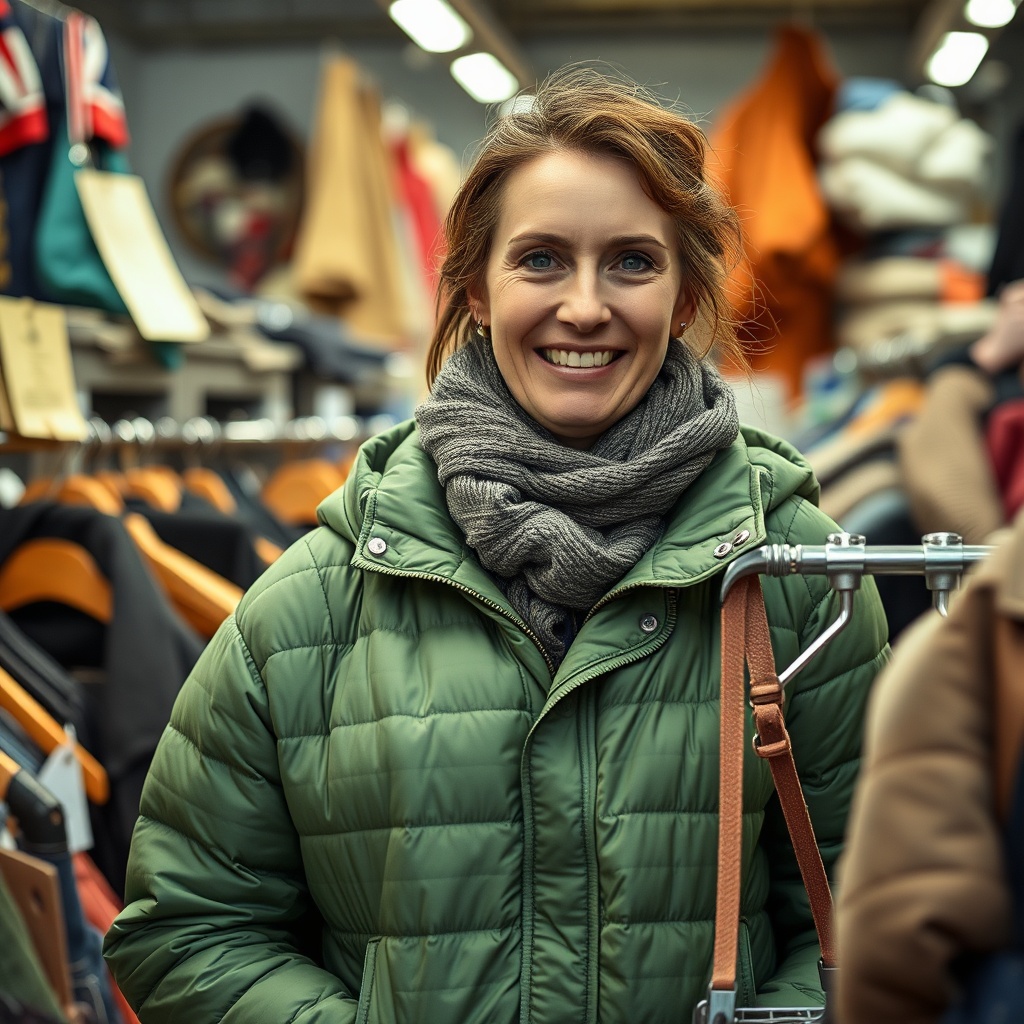 AI generated image by FLUX.1-schnell: erstelle ein Foto, auf dem eine typische 30-jährige Frau von links mit grüner Jacke in einem Second-Hand-Laden einkauft