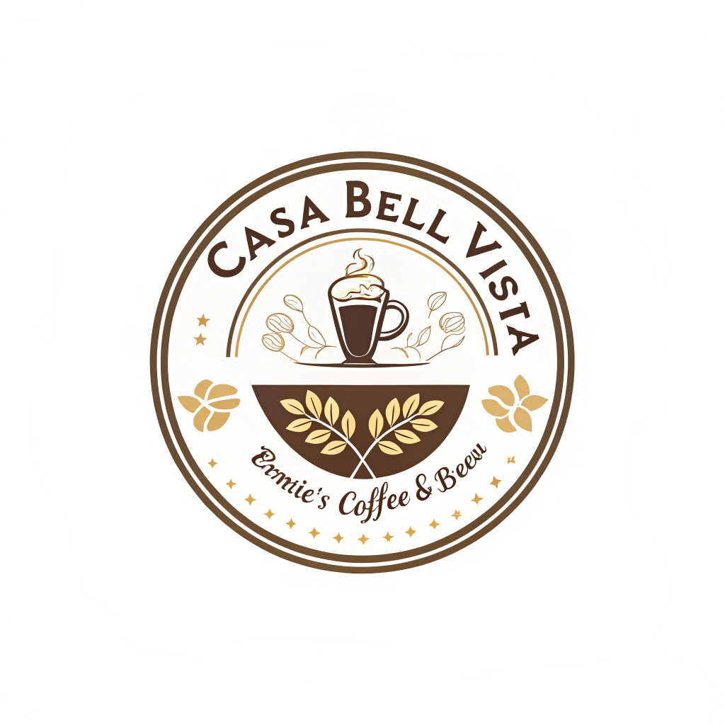 AI generated image by Red Panda AI: genera un logo de 7cm de alto por 5 de ancho, este logo es para una marca de rompope de marca "Casa Bella Vista" y esta fabricado con el café de la marca Ernie's Coffe&Brew, recuerda que es una bebida alcholica debe estar diseñado para un rom pope