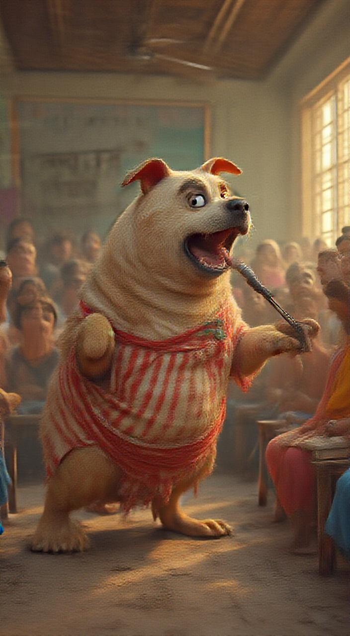 AI generated image by FLUX.1-pro: 🖼️ Image Prompt:
Style: Highly Detailed, Hyper-Realistic, Full HD, Colorful 3D Render
Character Attributes:
Main Character (Dog):
Species: Desi Indian dog (light brown with white patches)
Age: 5 years
Height: 3.5 feet on hind legs
Build: Very fat, with a big round stomach bulging outward
Clothing: Red and white striped torn chaddi with an old political party logo printed
Expression: Aggressive, eyes wide open, ears standing, teeth gritting slightly as he grabs the mic
Supporting Characters (Villagers):
Mixed age: 20–60, shocked expressions
Clothing: Kurta-pajamas, sarees, some with gamchas, all brightly colored
Environment:
Location: Village Panchayat Hall
Background Elements:
Wooden benches, dusty tiled floor, hanging ceiling fan spinning slowly
Banner on wall says “ग्राम सभा - स्वच्छ भारत मिशन” in faded paint
One plastic water jug placed on the side
Dust particles floating in sunlight beams from window slats
Lighting & Camera Angle:
Lighting: Afternoon sunlight coming from right window, casting warm yellow glow on floor
Camera Angle: Slight low angle from behind crowd, focusing on the dog lunging towards mic from a wooden chair
Focus Depth: Shallow focus — dog and mic sharply focused, crowd slightly blurred