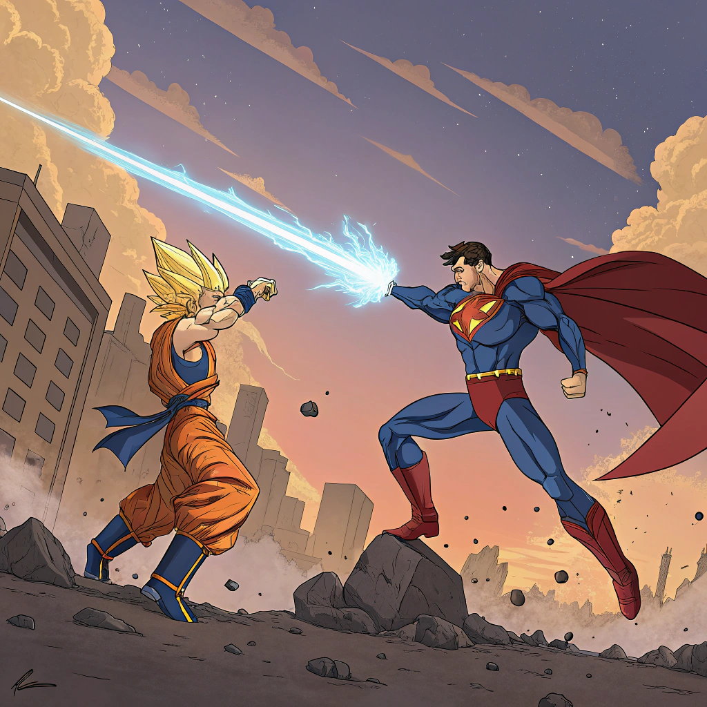 AI generated image by Red Panda AI: "Una épica escena de batalla entre Son Goku y Superman, dibujada en estilo cómic clásico. Goku, en su forma de Super Saiyan, lanza un poderoso Kamehameha azul brillante, mientras Superman usa su visión de calor con rayos rojos intensos que chocan con el ataque de Goku. Ambos están en el aire, rodeados de una ciudad en ruinas por los impactos de la pelea. Nubes de polvo y escombros vuelan por todas partes, y el cielo tiene tonos anaranjados y púrpuras por el atardecer. Goku tiene una expresión de esfuerzo intenso, con su cabello dorado brillando, mientras que Superman luce decidido, con su capa roja ondeando en el viento. El estilo debe tener lÃneas marcadas, sombras dramáticas y colores vibrantes como los de los cómics de los años 90