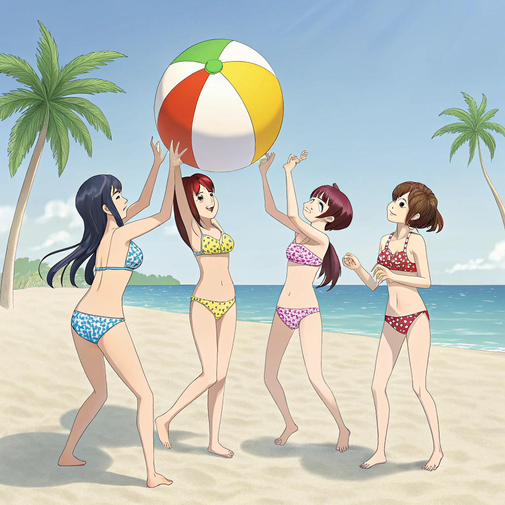 AI generated image by Red Panda AI: create four japanese bikini models in their late teens. They are in a circle playing with a big beach ball