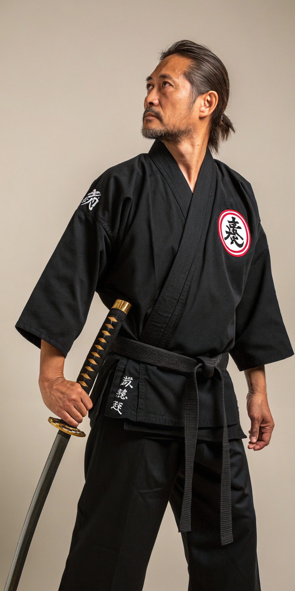 AI generated image by Red Panda AI: Un hombre con kimono negro de Kenpo karate y una katana