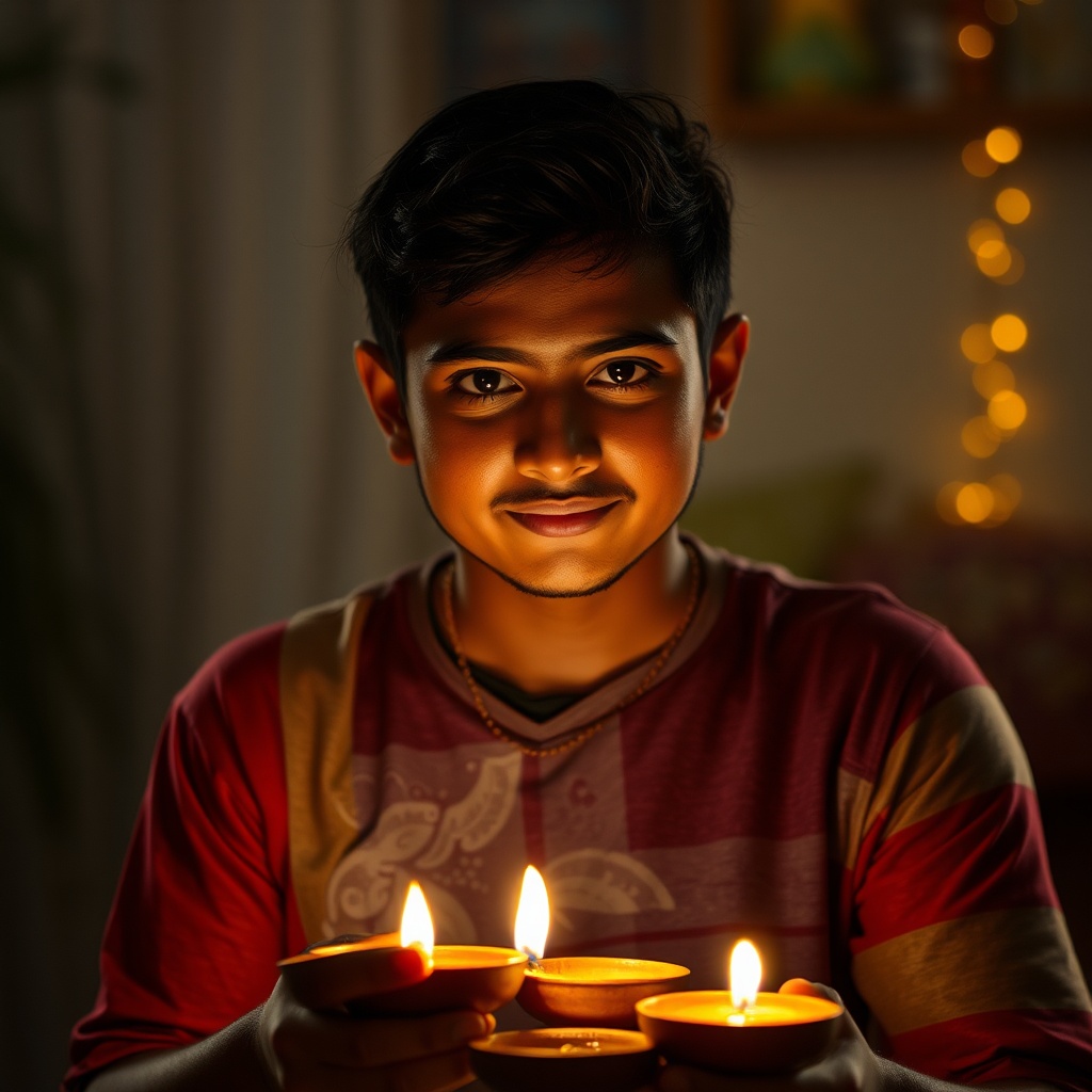 AI generated image by FLUX.1-schnell: make an image of a person celebrating diwali at home, front shot