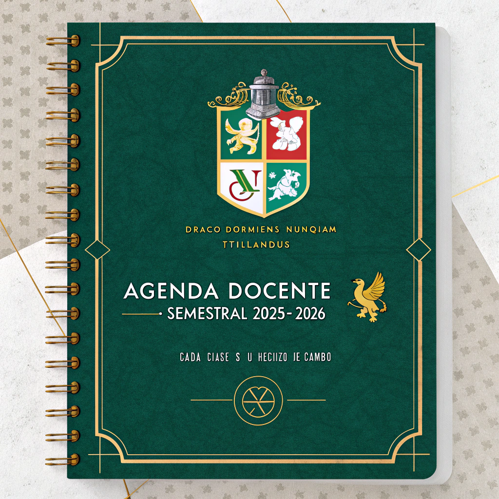 AI generated image by Red Panda AI:
Create a professional and magical cover for a teacher planner titled "Agenda Docente Semestral 2025–2026". The background should be textured emerald green with subtle parchment overlays and golden ornamental borders. At the center, place a stylized crest inspired by Hogwarts, divided into four symbolic sections: lion (red), serpent (green), eagle (blue), and badger (yellow), each glowing faintly. Above the crest, include a golden letter "H" and the Latin motto "Draco Dormiens Nunquam Titillandus" in a curved ribbon. Add floating candles, enchanted scrolls, and arcane symbols around the edges. The title should be in golden serif font, and below it, include a handwritten-style subtitle: "Cada clase es un hechizo de cambio". The overall tone should evoke fantasy, academic rigor, and magical professionalism.
