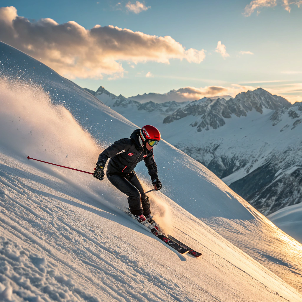 AI generated image by FLUX.1-schnell: A professional downhill skier, making fast and sharp, turns on the steep slope of snowy mountain at sunrise