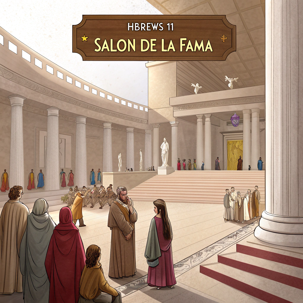AI generated image by Red Panda AI: dame una imagen donde diga salon de la fama y se encuentren todos los personajes bÃblicos de hebreos 11
