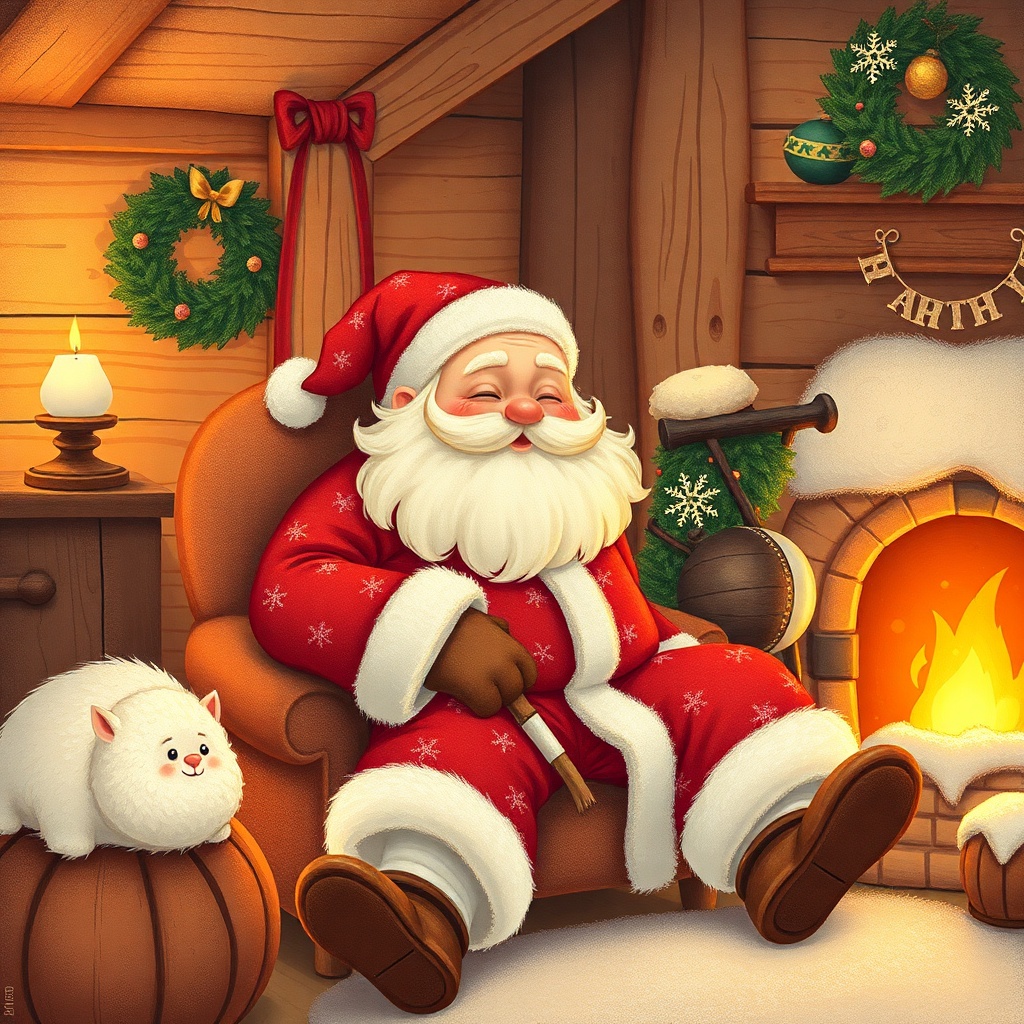 AI generated image by FLUX.1-schnell:
Atelier du Pôle Nord (Architecture : Bois chaleureux (#8B4513), poutres apparentes, bois chaud #8B4513). Père Noël (Silhouette : Corpulent et chaleureux, environ 1m75 ;Visage : Rond, joues roses, rides de sourire autour des yeux ;Barbe : Blanche immaculée, volumineuse, tressée avec soin ;Lunettes : Rondes, monture dorée fine, toujours sur le nez ;Pyjama et pantoufles à carreaux rouge #C1272D) endormi dans un fauteuil près d'une cheminée allumée (lumière dorée #FFD700). À côté, Flocon (Jeune lutin Taille : 90cm environ ;20-25 ans en âge humain; Peau : Légèrement rosée ;Cheveux : Blond platine, coupe courte ébouriffée ;Yeux : Verts émeraude, grands et expressifs ;Oreilles : Pointues, visibles dans les cheveux ;Costume : Tunique verte (#2D5016), ceinture marron, pantalon rayé vert/blanc ;Bonnet : Vert avec pompon blanc, légèrement penché ;Chaussures : Pointues recourbées, avec grelot doré ;Accessoire signature : Toujours un crayon derrière l'oreille) sur un bloc-notes. Ambiance chaleureuse et sereine. Image Carrée 2000x2000. Style: Semi-Réaliste, Texture: Gouache/Aquarelle. Références: Oliver Jeffers (douceur), Chris Van Allsburg (drame/lumière), Shaun Tan (texture/profondeur).