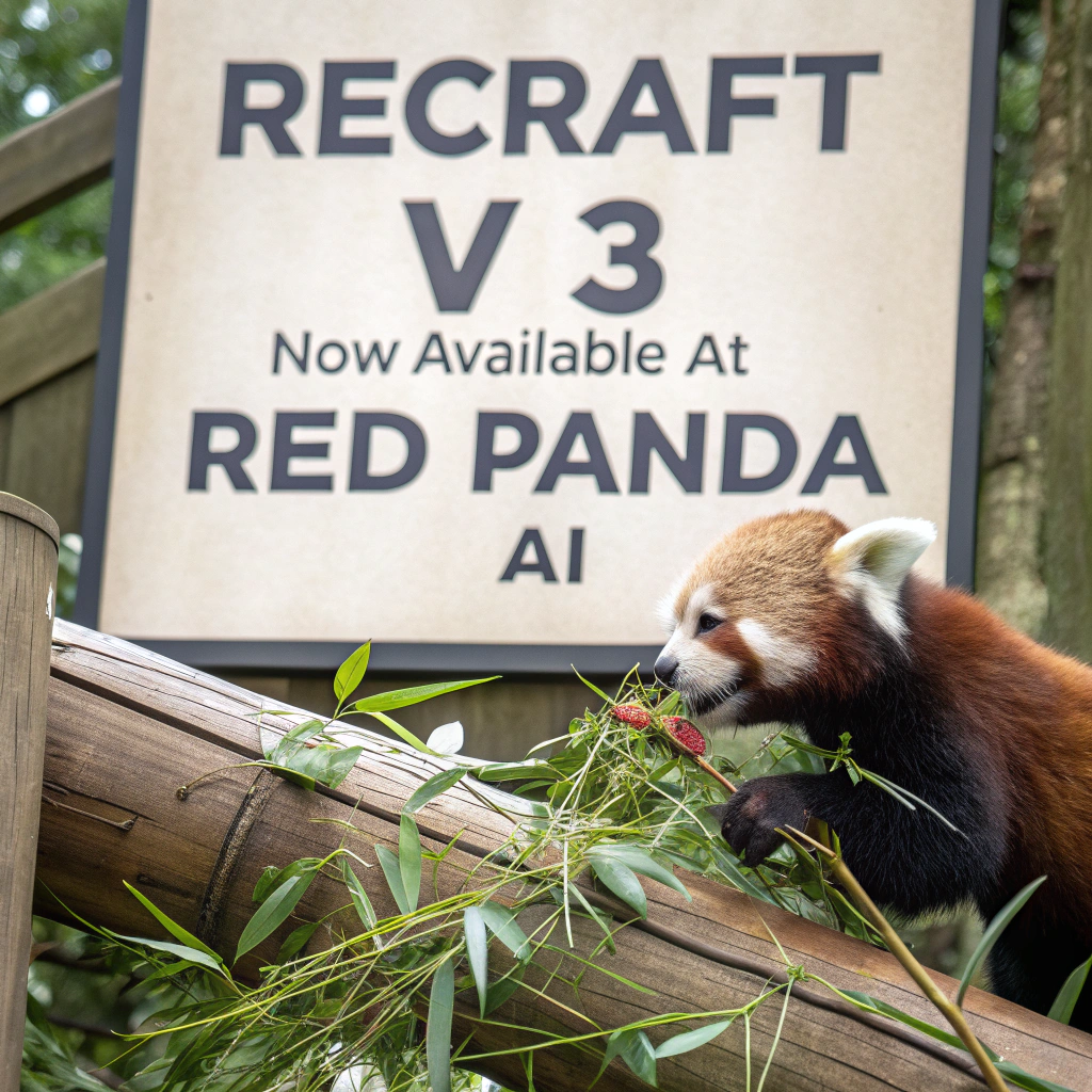 AI generated image by Red Panda AI: a red panda eating a bamboo in front of a poster that says "recraft V3 now available at red panda ai