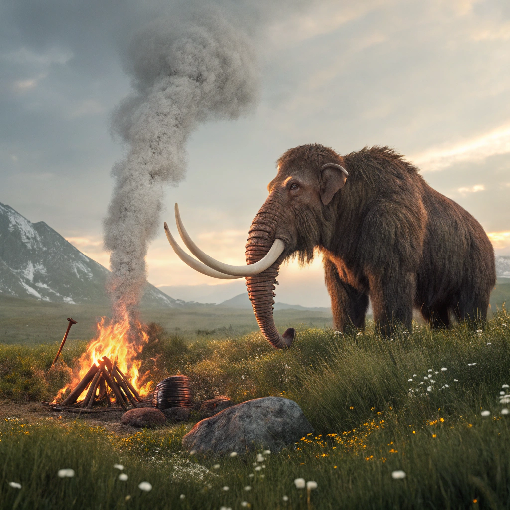 AI generated image by Red Panda AI: "Ultra-realistic image of a completely normal and natural woolly mammoth, peacefully eating in the background of an open landscape. The mammoth has thick brown fur, long curved tusks, and a serene expression as it feeds on grass. In the foreground, a futuristic robot with a detailed and realistic mechanical design is making smoke signals over a campfire. The robot moves its metallic hands up and down, waving a piece of cloth over the fire, creating dense columns of white smoke rising into the sky. The campfire has realistically burning wooden logs, with sparks and vibrant flames. The background is an open field with tall grass, wildflowers, and a dense forest in the distance. The lighting is natural, with warm light from the fire casting soft shadows and highlighting the details of the mammoth's fur, the robot's metallic texture, and the movement of the smoke. Cinematic style, 8K, natural colors (browns, greens, oranges, and grays), with a focus on realism and a peaceful atmosphere."