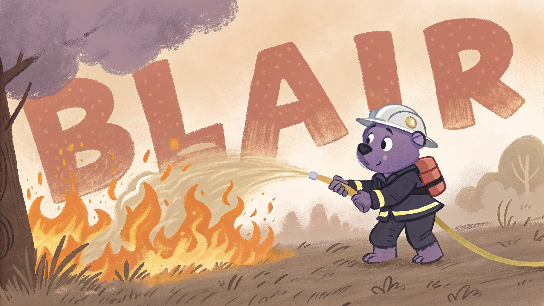 AI generated image by Red Panda AI: The word "Blair" on fire. Clearly on fire. The word "Blair" ablaze. Fire everywhere. A purple bear is a firefighter who is putting out the fire.