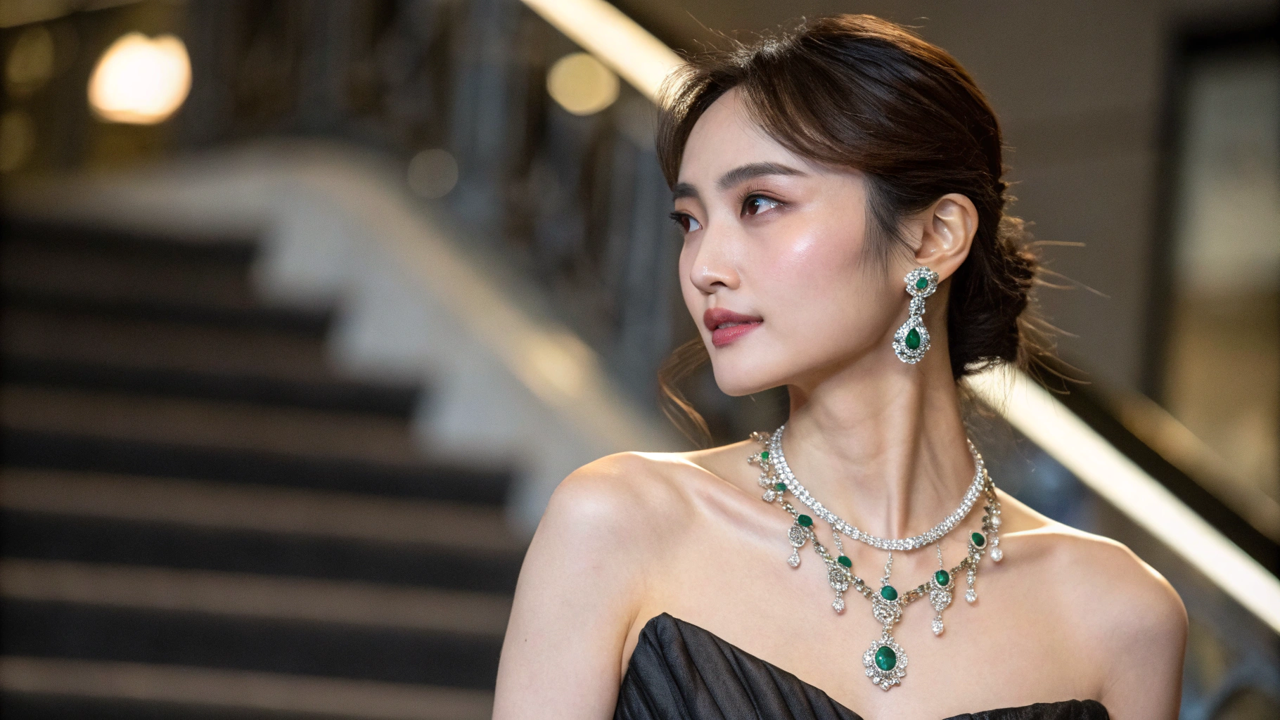 AI generated image by Red Panda AI: jewelry model, Looks like Aoi Yu in her prime (蒼あお井い 優ゆう|Yu Aoi), She has an attractive mysterious and lovely atmosphere, and has many female followers thanks to her fair and transparent skin and unique sense of clothing. She has attractive facial moles on her face. The facial spots under the eyes are especially attractive.