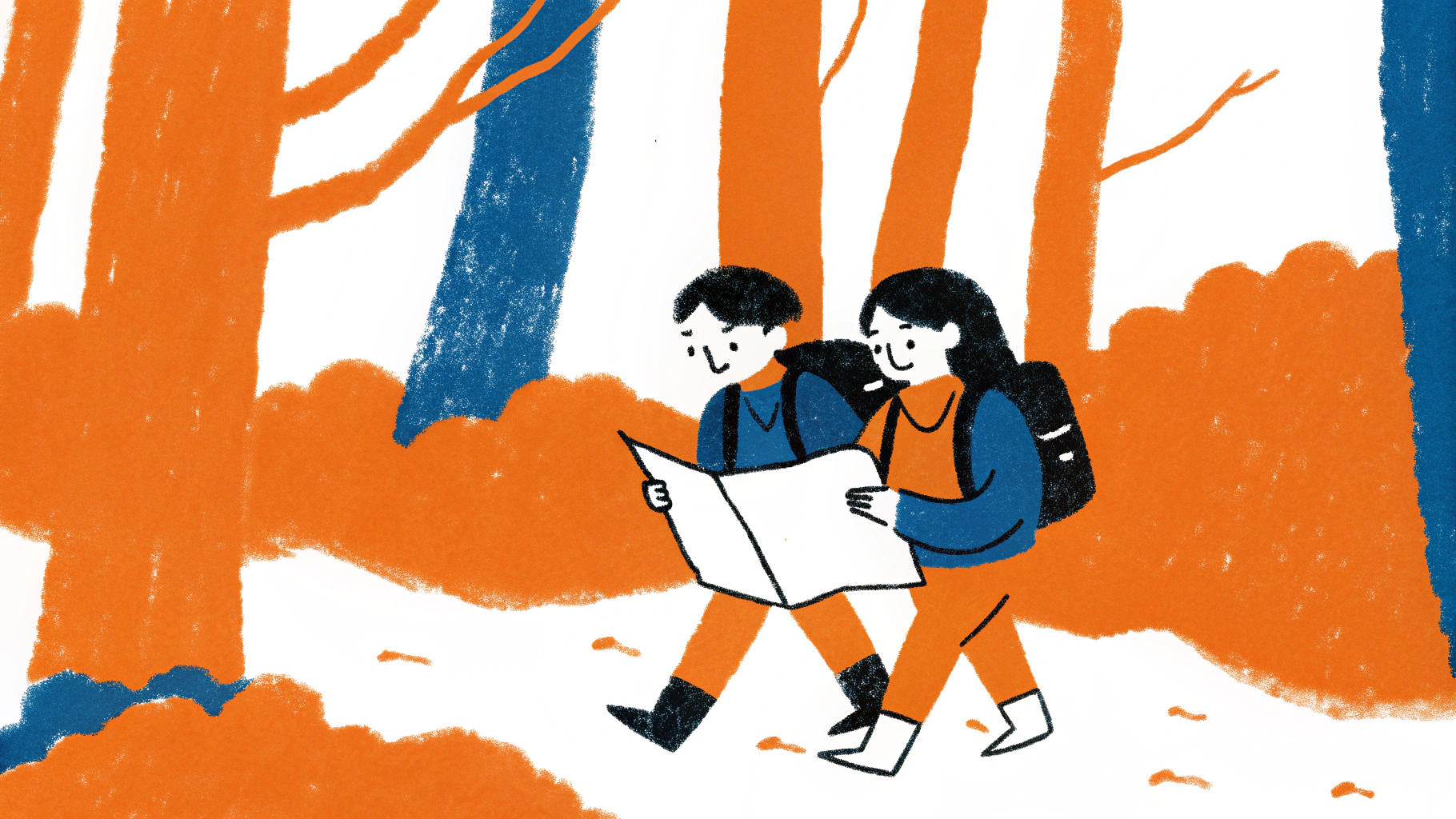 AI generated image by Red Panda AI: un garçon et une fille de 13 ans courent dans une forêt très dense, ils regardent une carte en même temps