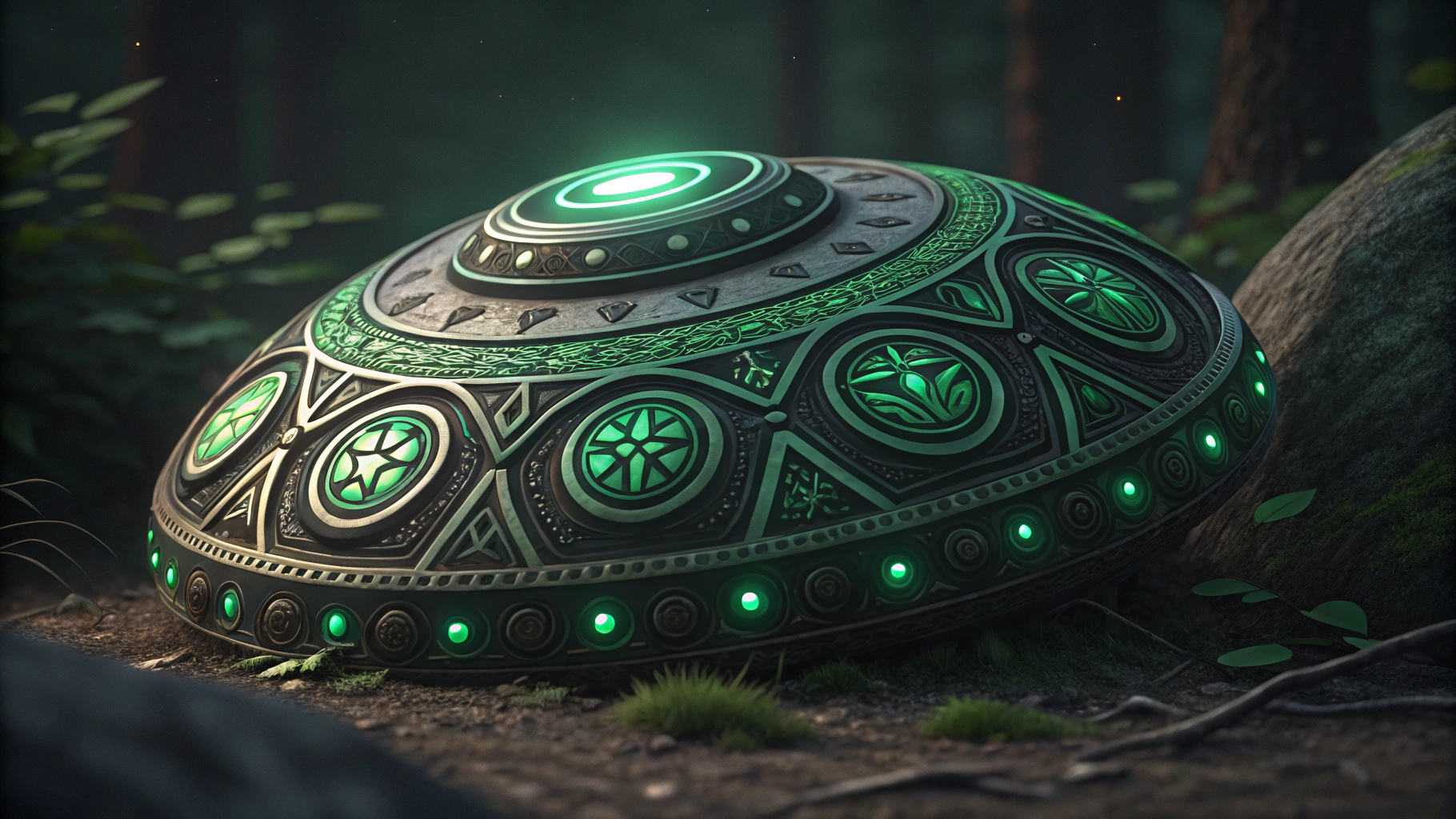 AI generated image by Red Panda AI: i need an image of something mystical, ancient wonderful and simple from an alien realm. high resoltuion, green and black color scheme