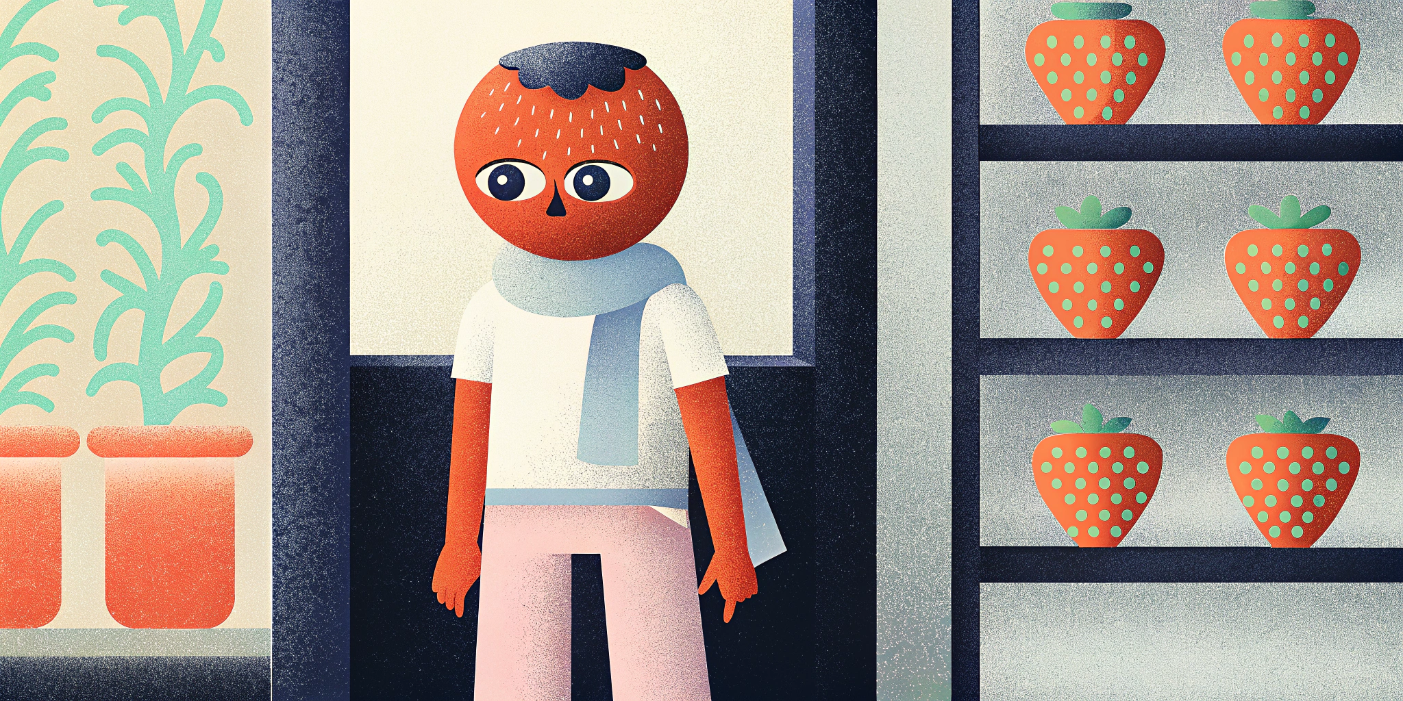 AI generated image by Red Panda AI: A character with a strawberry-shaped head, large, delicate eyes, and a small, elegant mouth, stands gracefully in a cozy indoor space. She is dressed in a simple white short-sleeved shirt, loose-fitting pink pants, and a light, pastel-colored scarf in lavender or sky blue hues. Her pose is relaxed, as if she is observing her surroundings or interacting with a decorative item.
The atmosphere is warm and inviting, with strawberry-themed pastel-colored decorations, artistic illustrations, and vibrant potted houseplants. Shelves display strawberry-inspired products, adding to the charm. Soft, diffused lighting emphasizes the character’s unique features and the harmonious textures of her surroundings. The atmosphere is serene, fresh, and subtly elegant. Key elements: relaxed posture, pastel tones, natural decor, 3D realism, soft lighting, and a soothing ambiance.