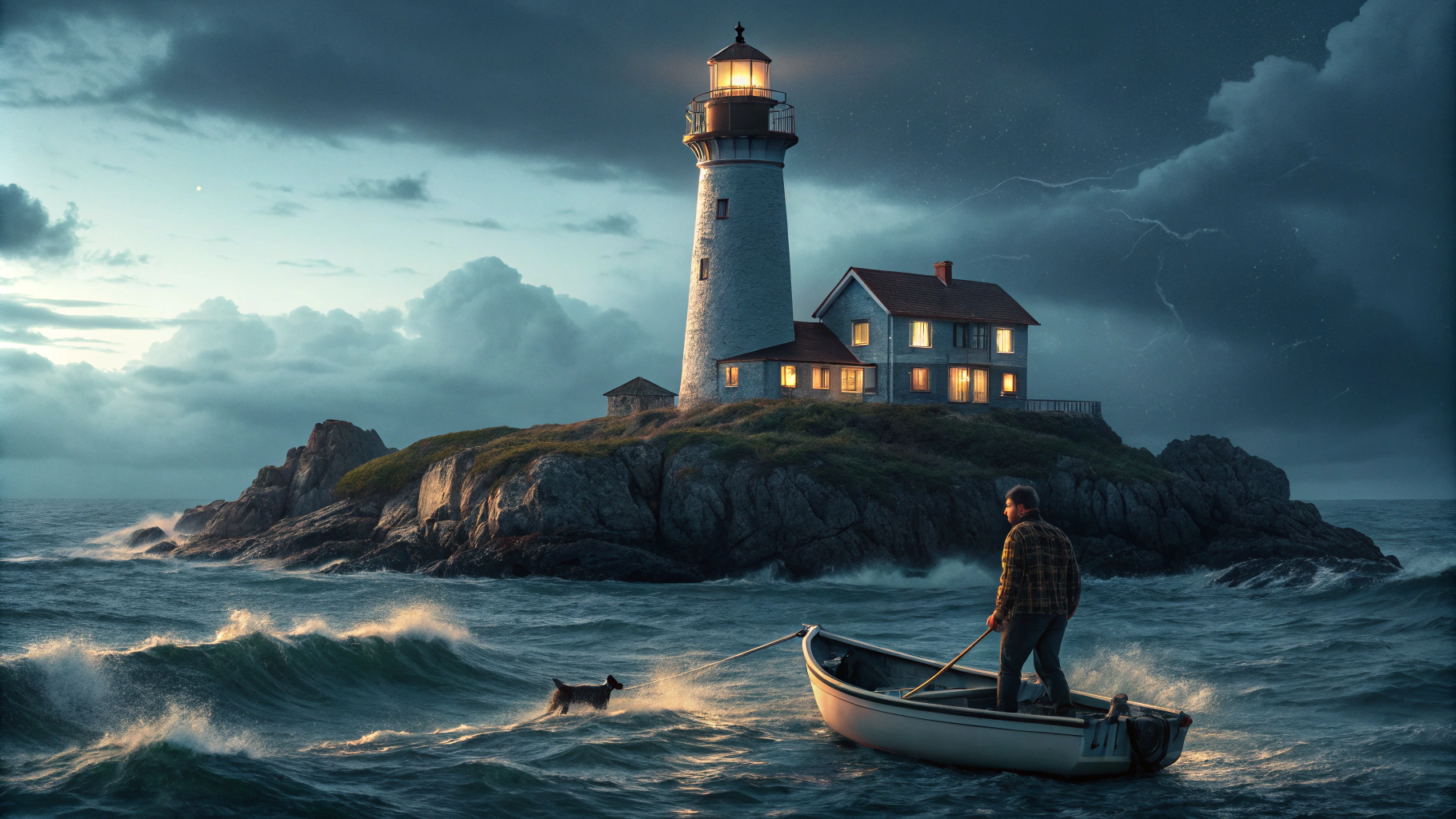 AI generated image by Recraft V3: Create a romantic image of a lighthouse. There is a storm raging. The lighthouse on the small rocky island provides shelter to a man and his dog walking towards it from their rowboat. The windows are lit from within with a cozy warm light,