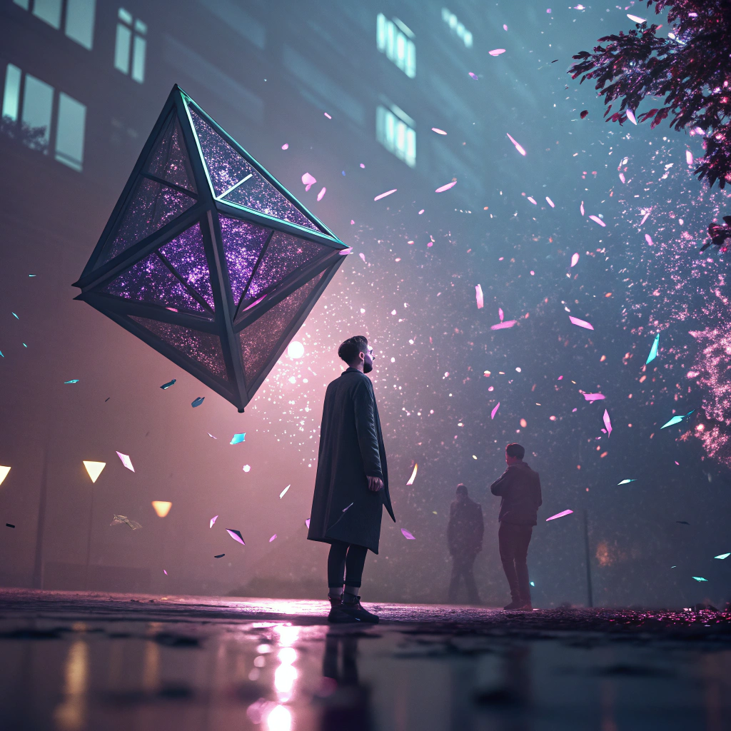 AI generated image by Red Panda AI: **Photorealistic**
```
abstract geometric shape, floating in space, shimmering iridescent crystals, glossy and reflective surfaces, intricate details, deep focus, studio lighting, maroon background, high resolution, --ar 16:9
```
**Cinematic**
```
cinematic scene of an abstract floating geometric shape, surrounded by shimmering iridescent particles, intense lighting with deep shadows, vibrant color reflections, phantom high-speed camera, intense and surreal atmosphere, --ar 16:9
```
**Anime**
```
floating geometric object, abstract shape, surrounded by sparkling iridescent particles, vibrant colors with anime-style shading, glowing and intricate detail, soft blurred background, dynamic lighting, niji 5, --ar 16:9
```