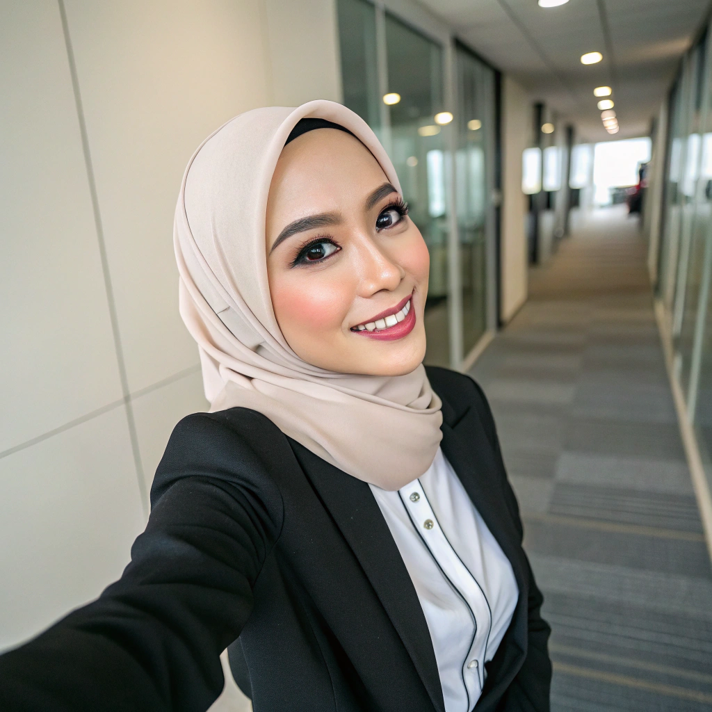 AI generated image by FLUX.1-schnell: a malay women with expressions , features , and emotions in a long shot . in 20s . Wearing formal outfit . Keep the background neutral, emphasizing the individual’s presence. Bring out the depth and personality of the subject, creating a captivating and well-composed portrait. Selfie photo. Selfie angle. In a office environment .