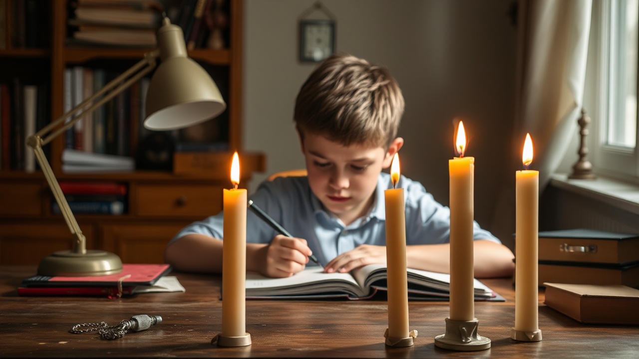 AI generated image by FLUX.1-schnell: Boy studying on a study desk with a lamp on the table from the side, but with dead unlit wax candles on the foreground