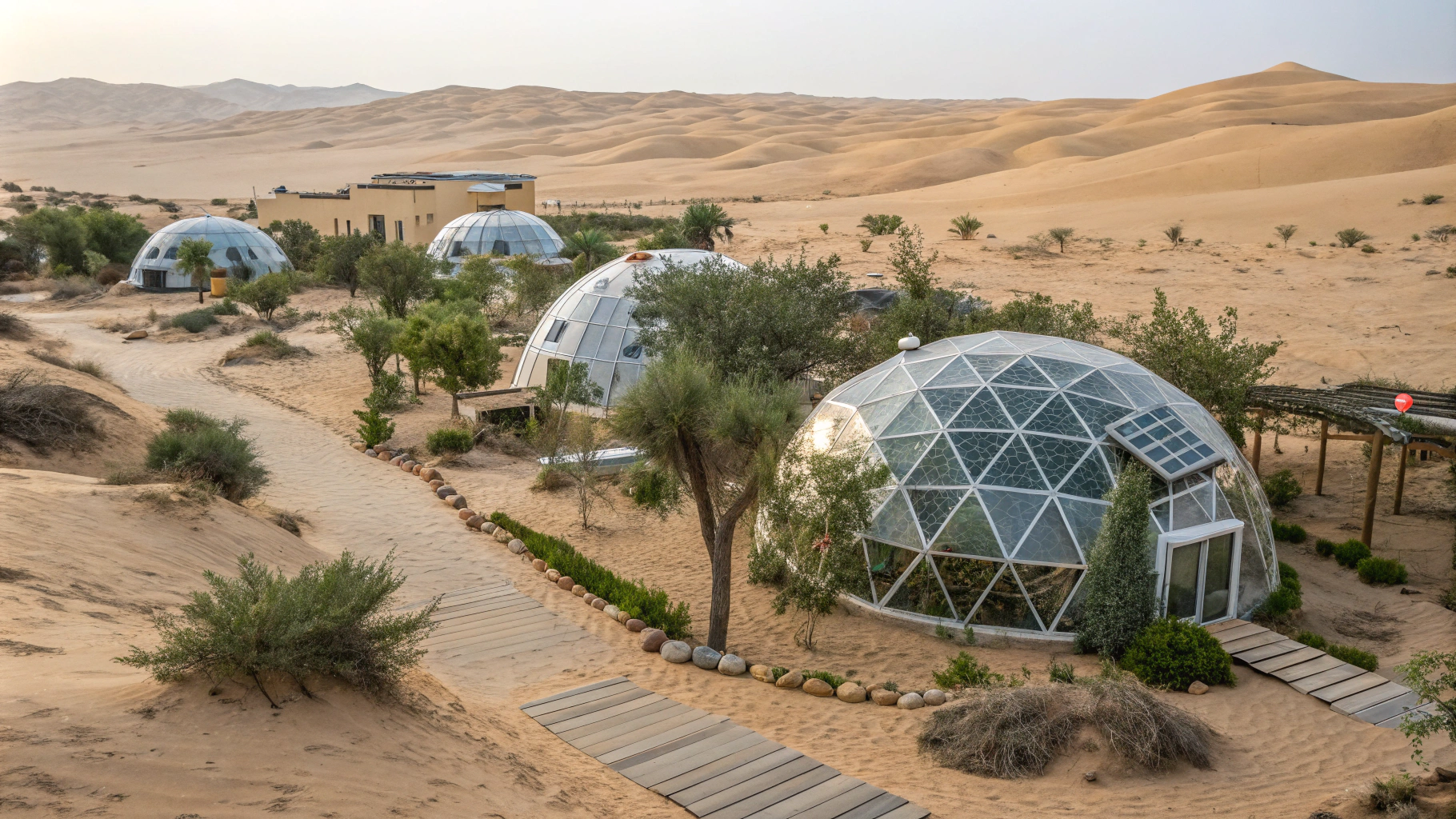 AI generated image by FLUX.1-schnell: A solar punk oasis bubble domes village in the desert. Photography.