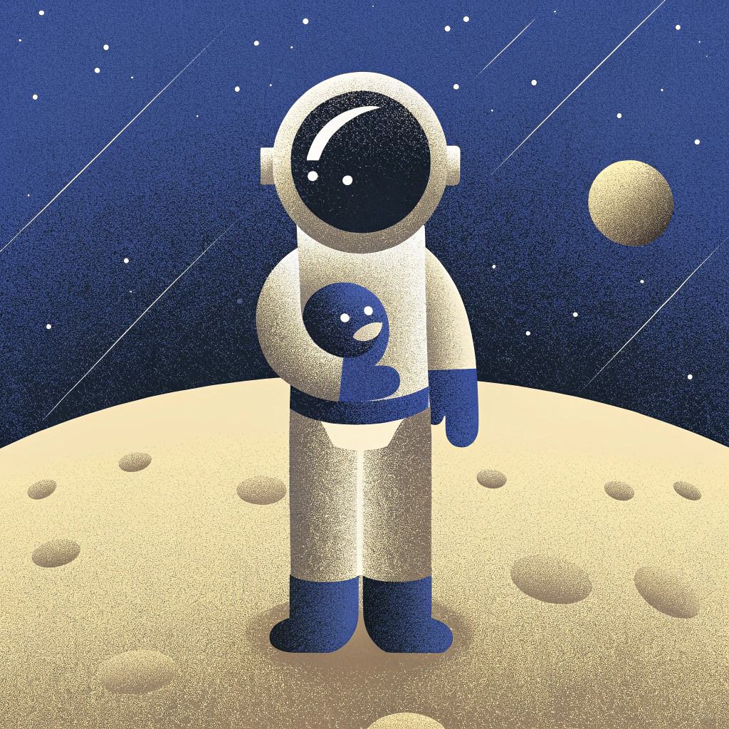 AI generated image by Recraft V3: Космонавт стоит на поверхности луны и обнимает очаровательного инопланетянина. Сразу видно, что они подружились. Их окружает вид планеты и космос невероятной красоты со звездами. На стекле шлема космонавта световой блик.